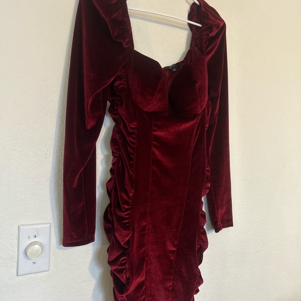 Privy Large Velvet Red Long Sleeve Rouched Vampy Goth Dark Romantic Mini Dress